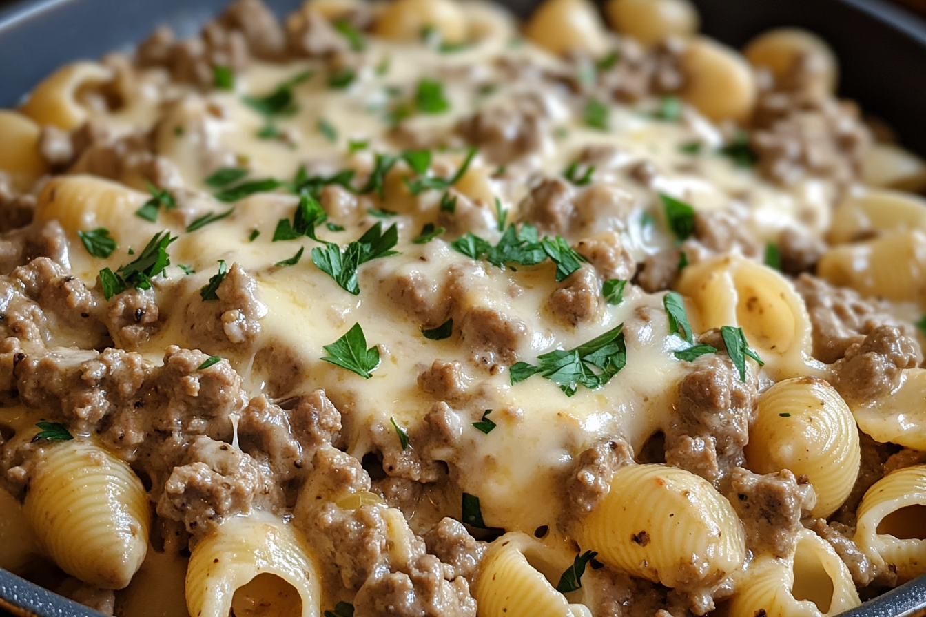 Carne cremosa con pasta conchas