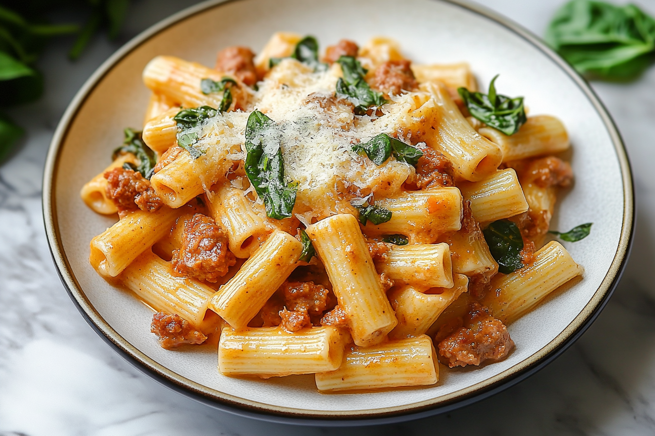 Rigatoni cremoso con salchicha