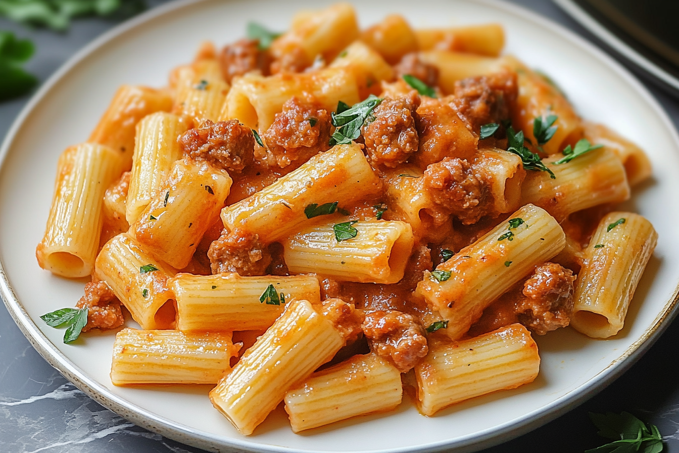 Rigatoni cremoso con salchichas