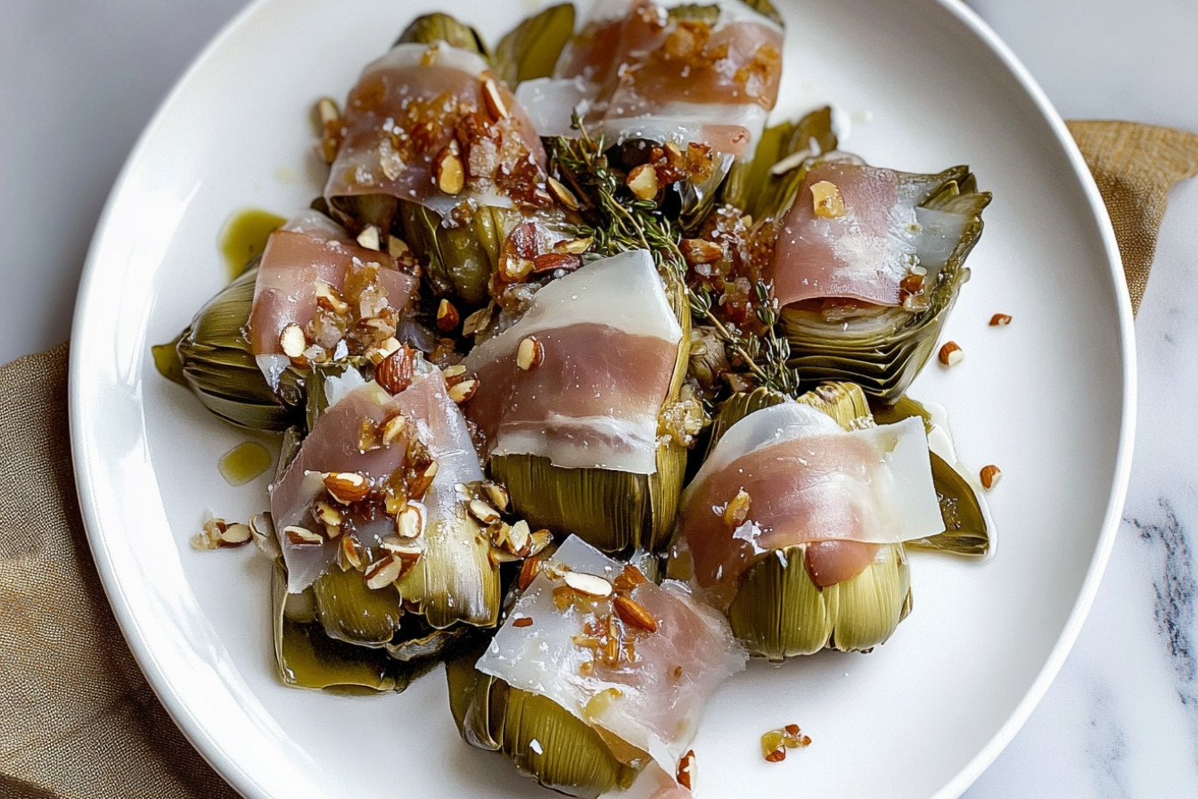 Alcachofas con guanciale y almendras