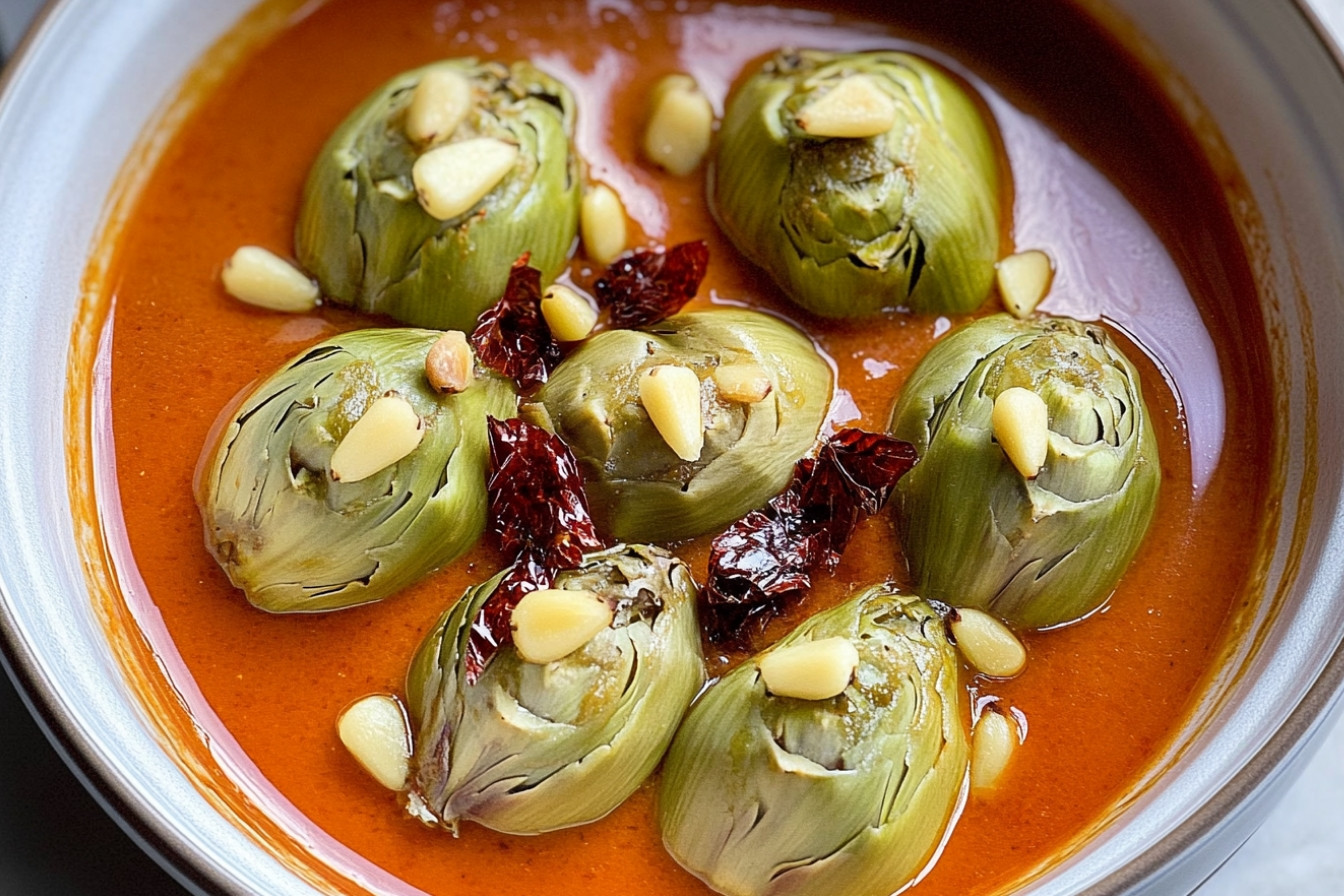 Alcachofas con salmorejo y piñones