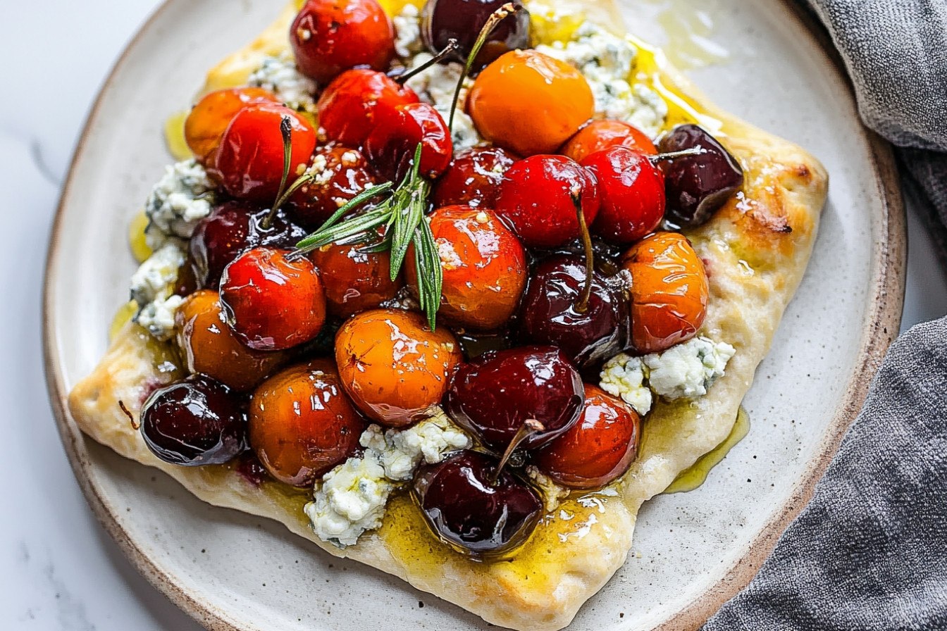 Focaccia de gorgonzola y cerezas asadas