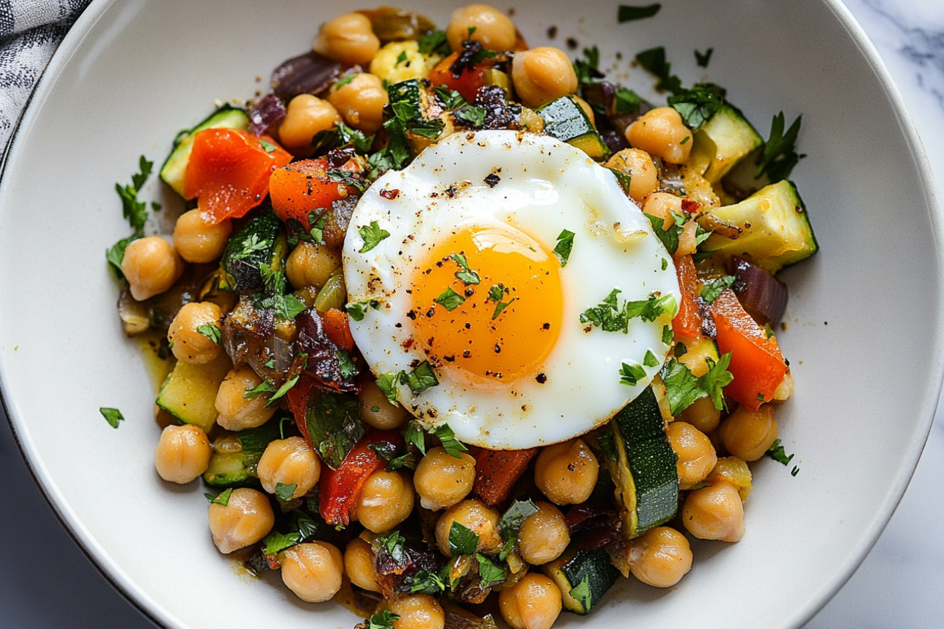 Garbanzos con verduras y huevo