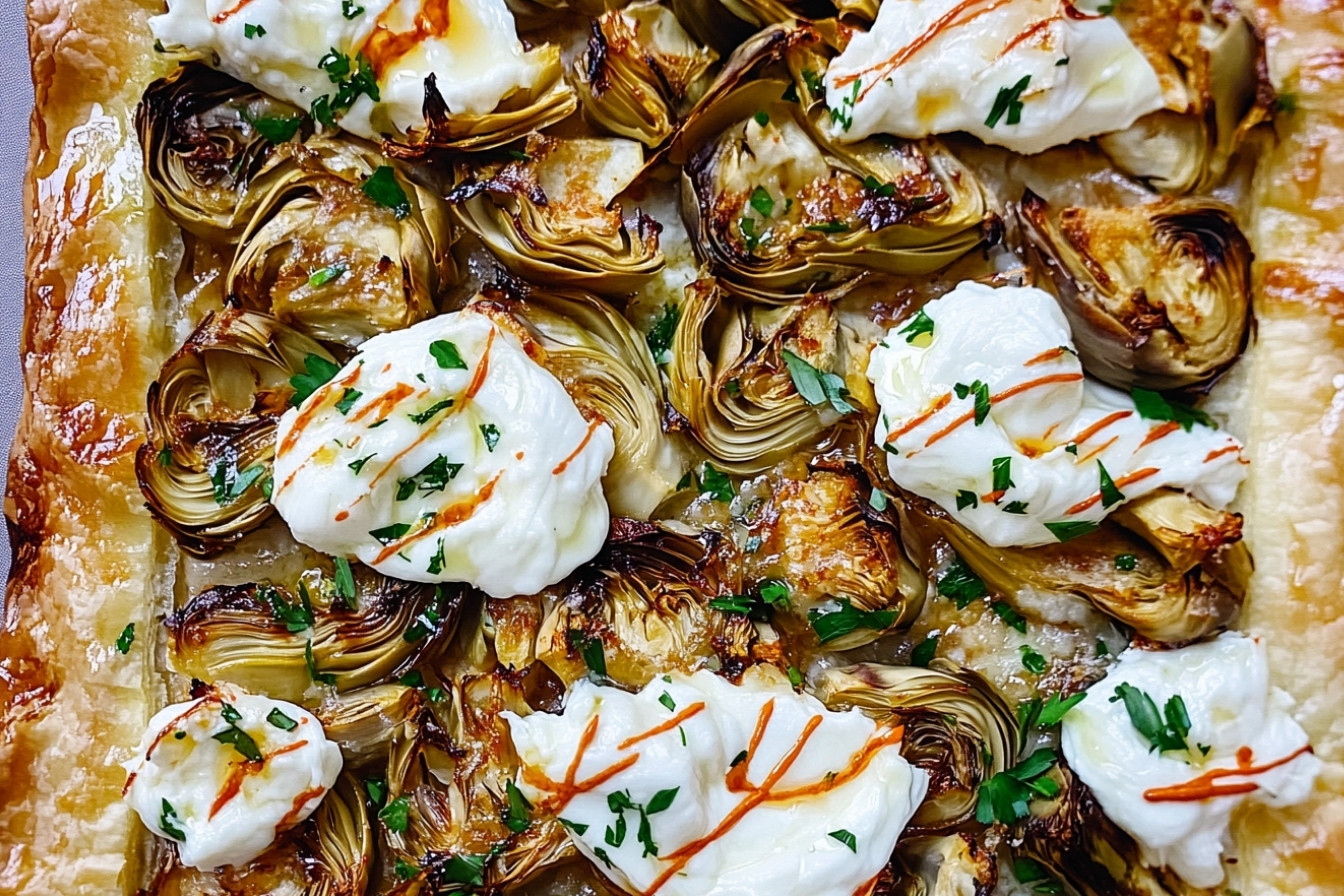 Hojaldre de alcachofas y burrata