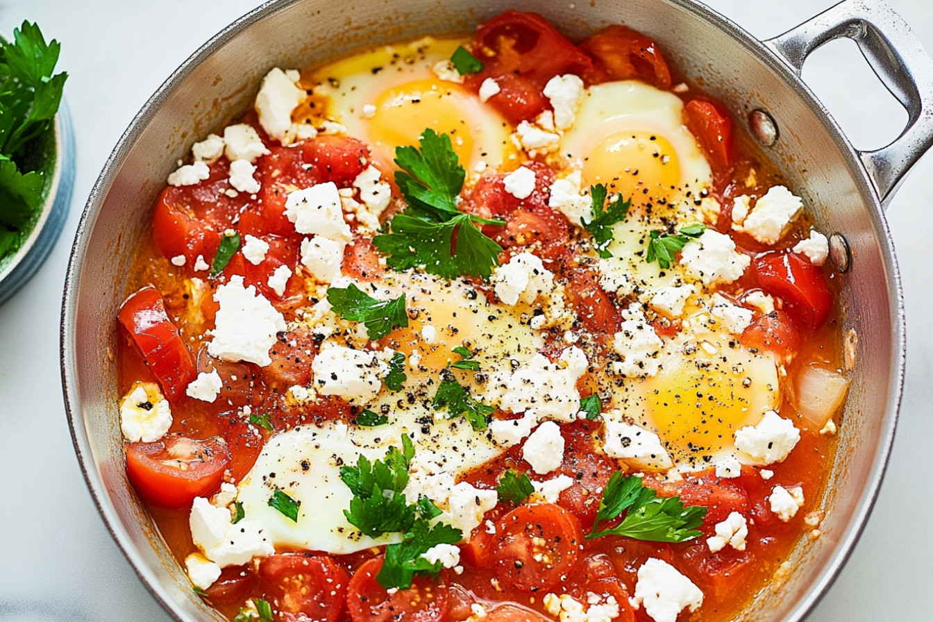 Huevos con tomate y feta