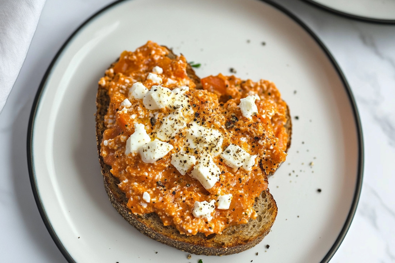 Huevos rotos con tomate y feta