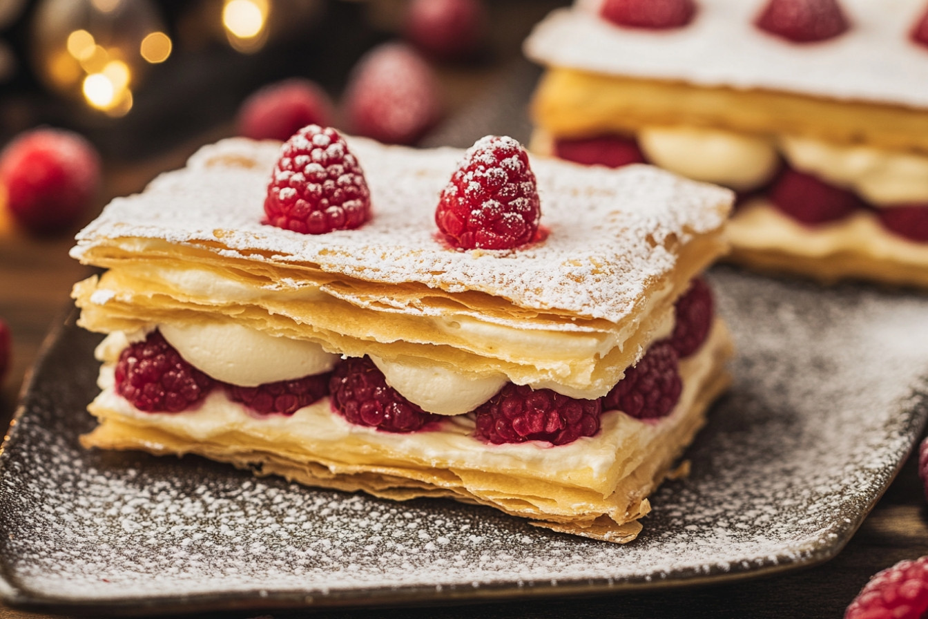 Milhojas de crema y frambuesas