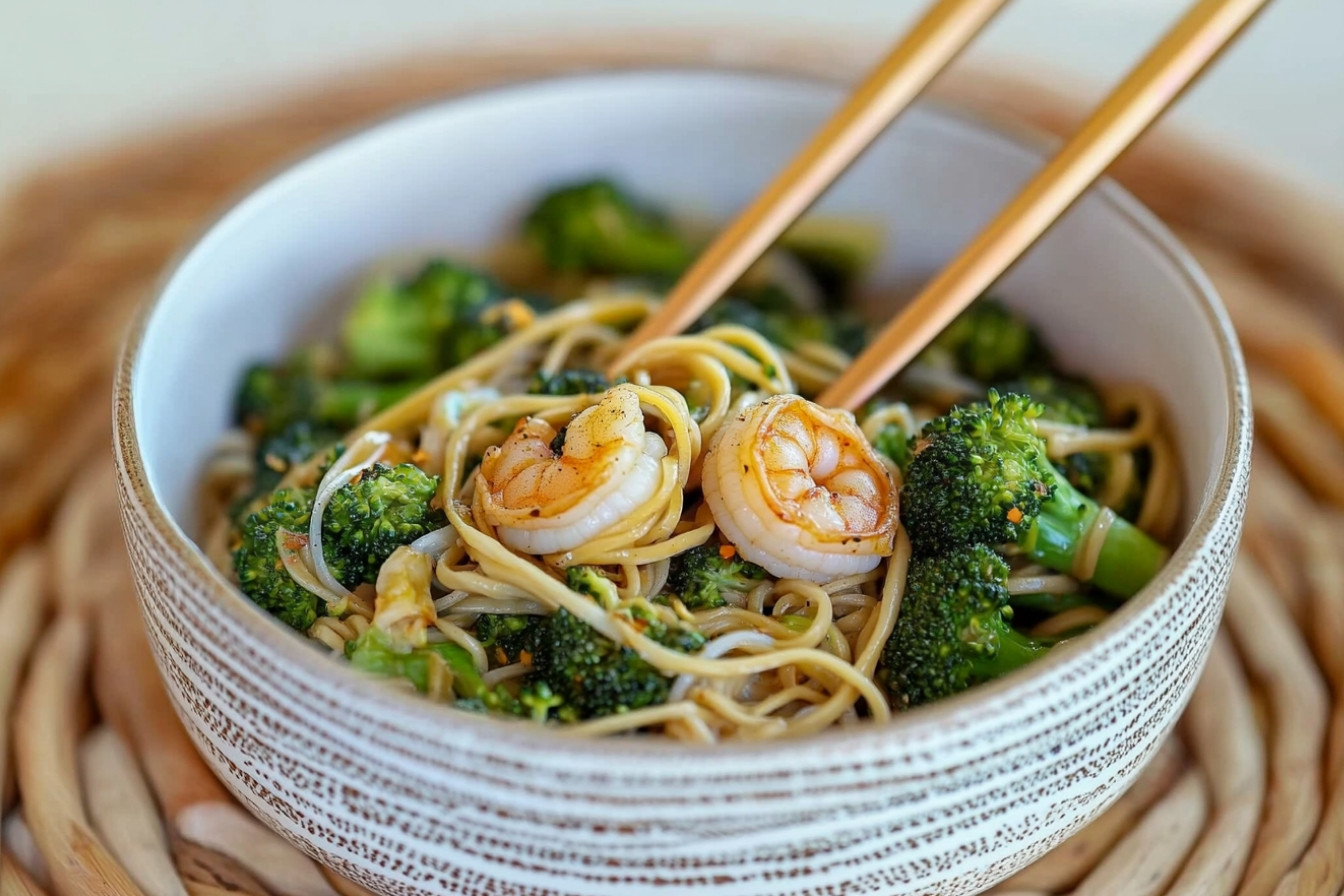 Noodles con gambas y brócoli