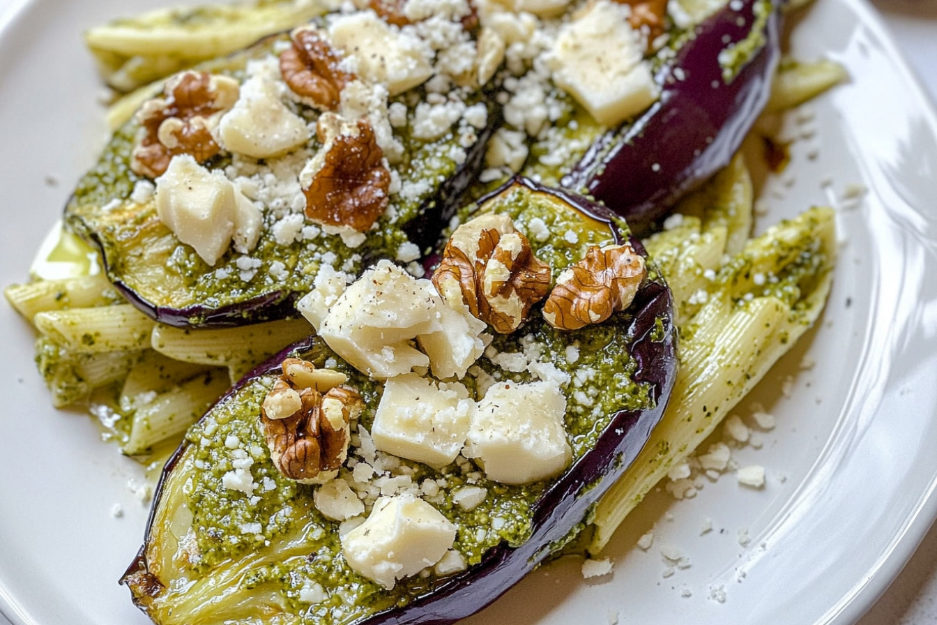 Pasta con berenjena asada y pesto
