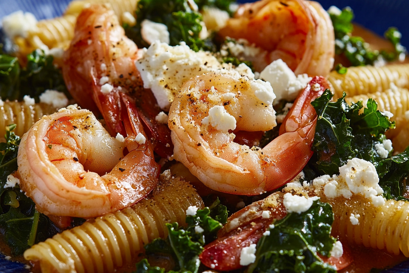 Pasta con gambas al estilo griego