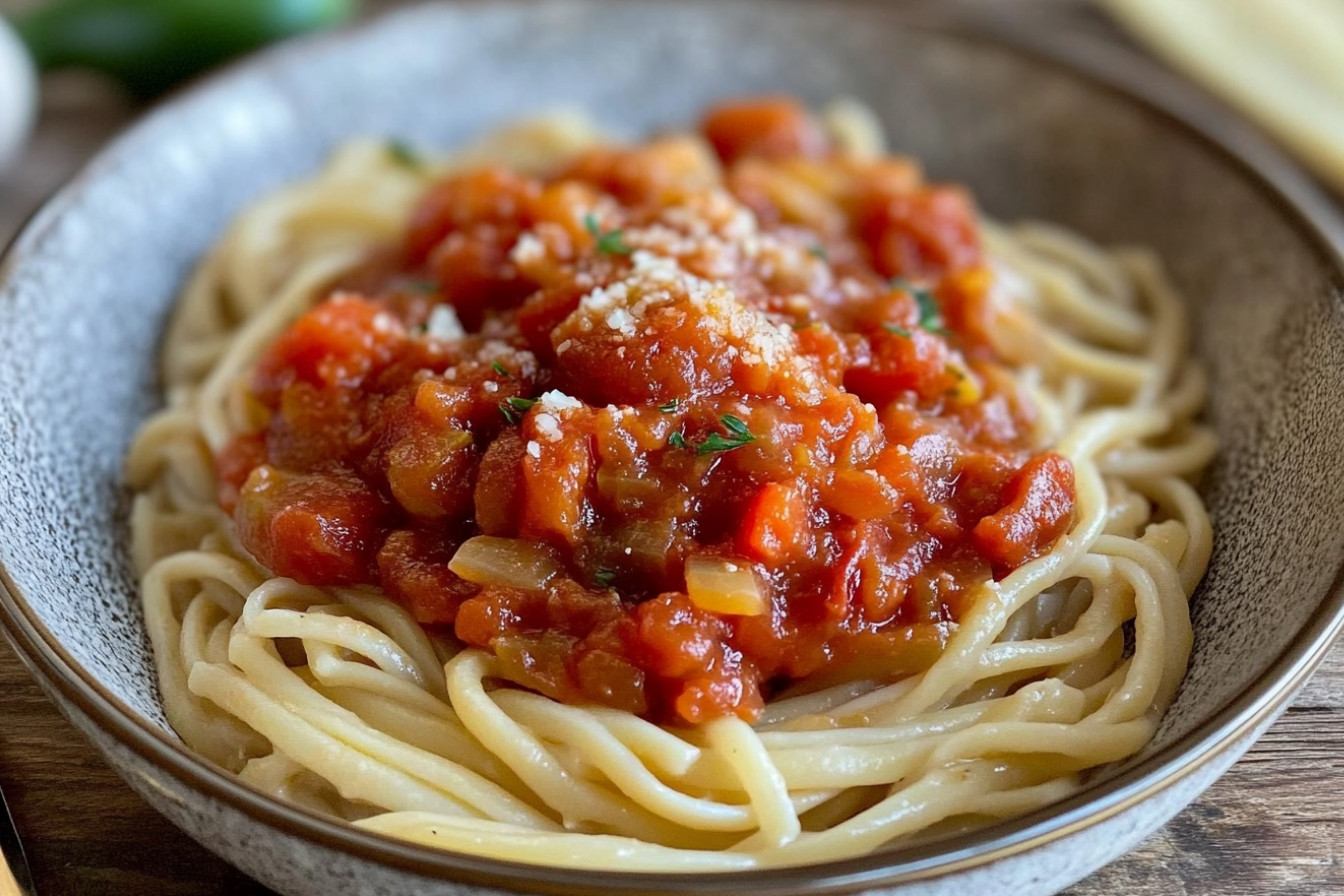 Pasta con pisto de berenjena