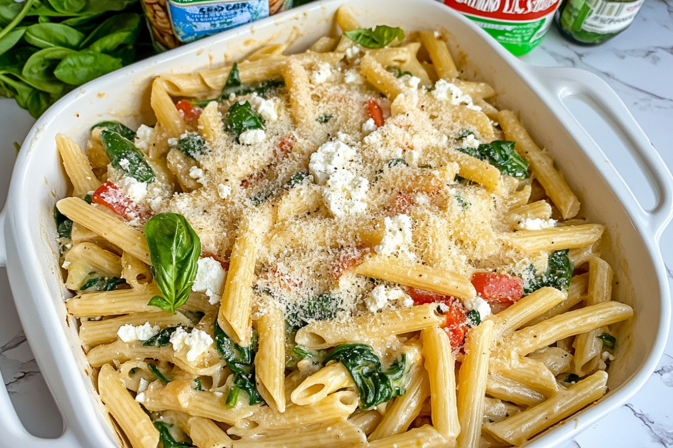 Pasta con verduras y feta