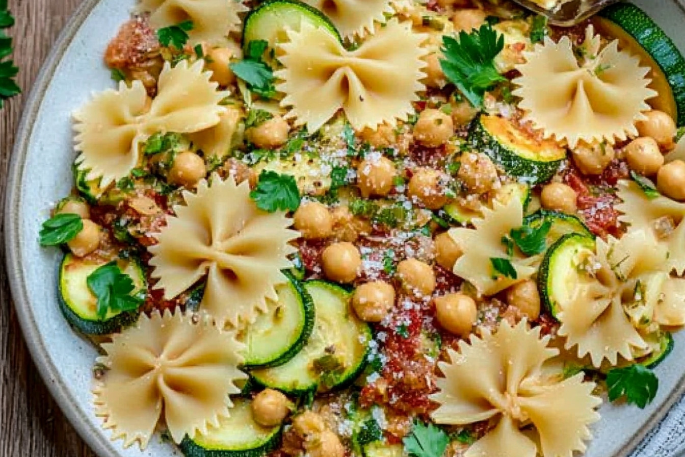 Pasta farfalle con calabacín y garbanzos