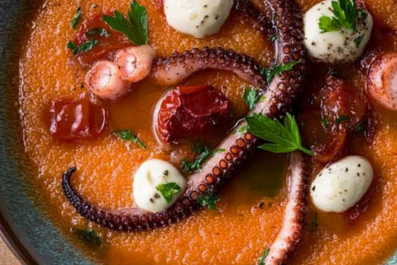 Polenta de tomate con pulpo