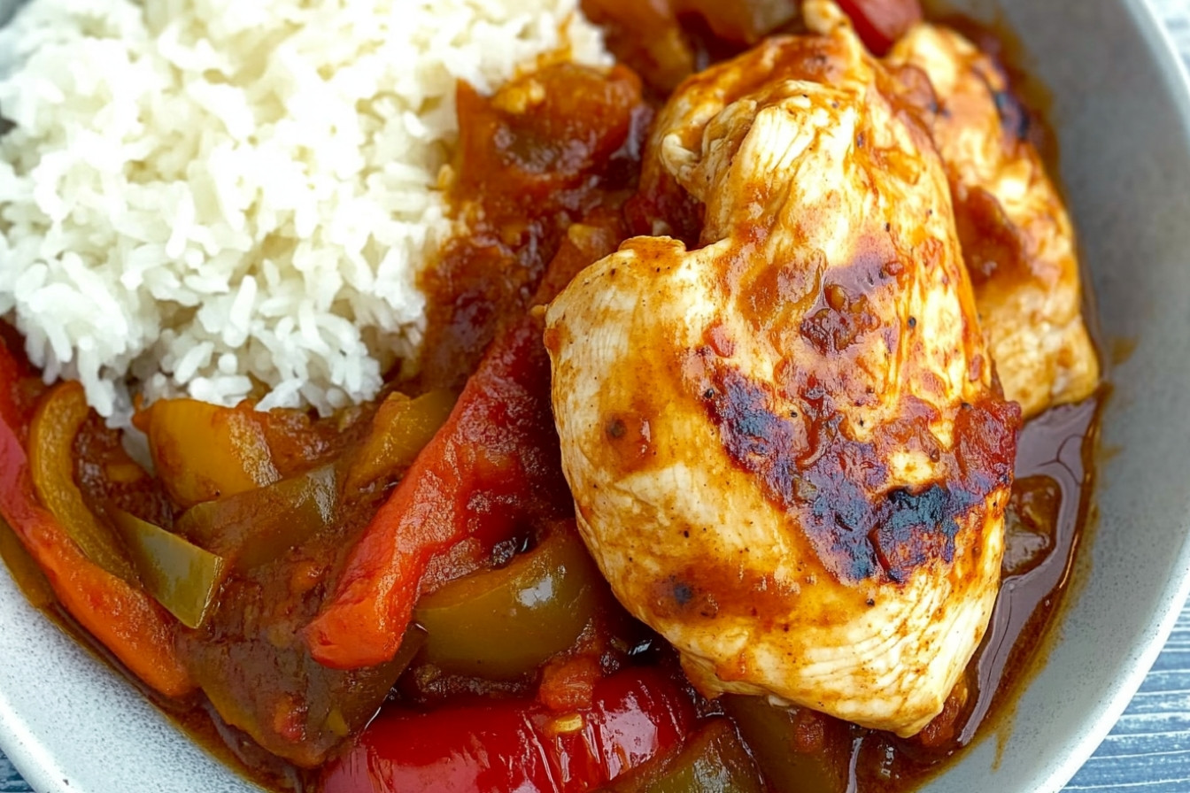Pollo con pimientos en salsa