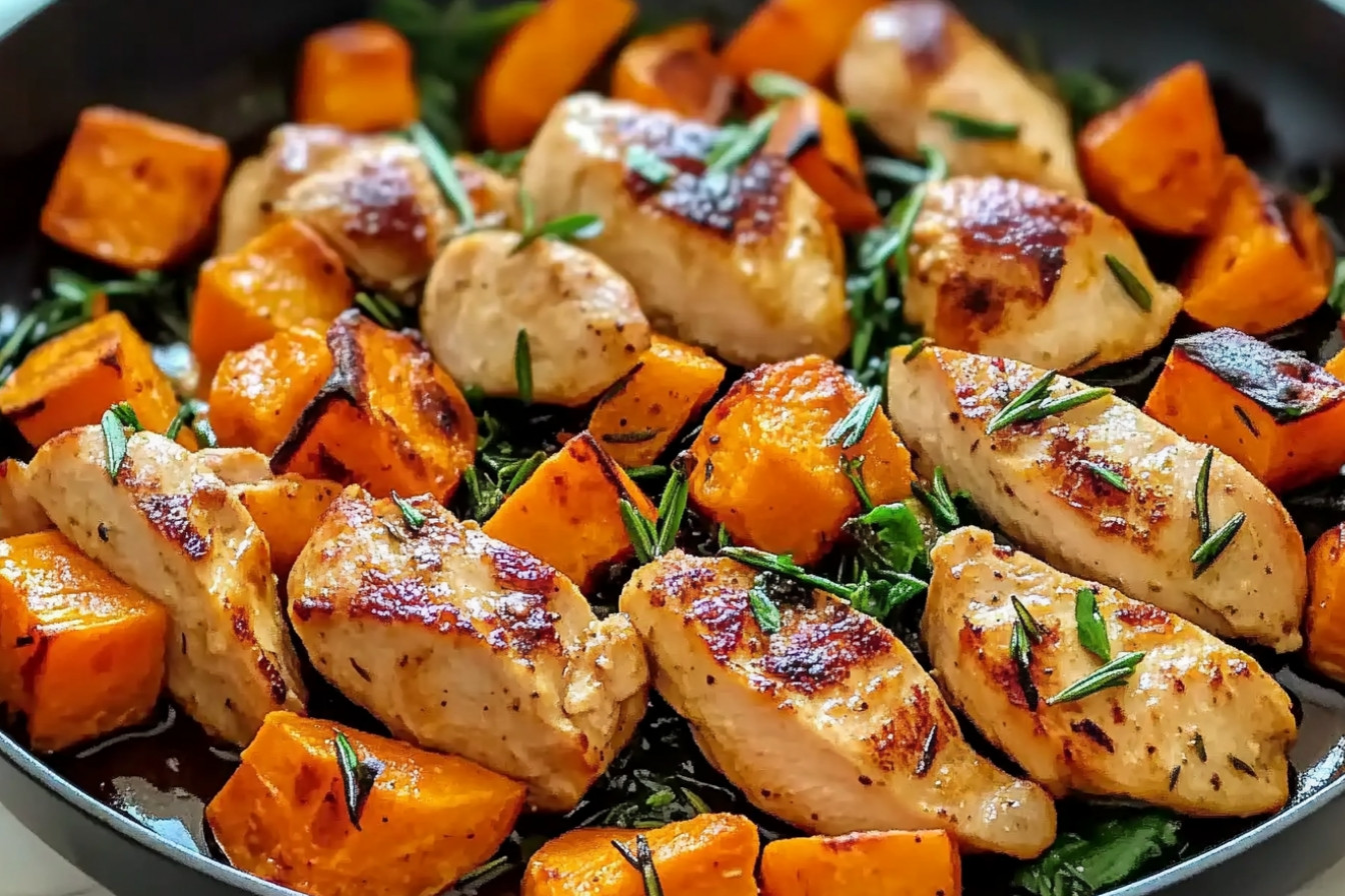Pollo y batatas en sartén