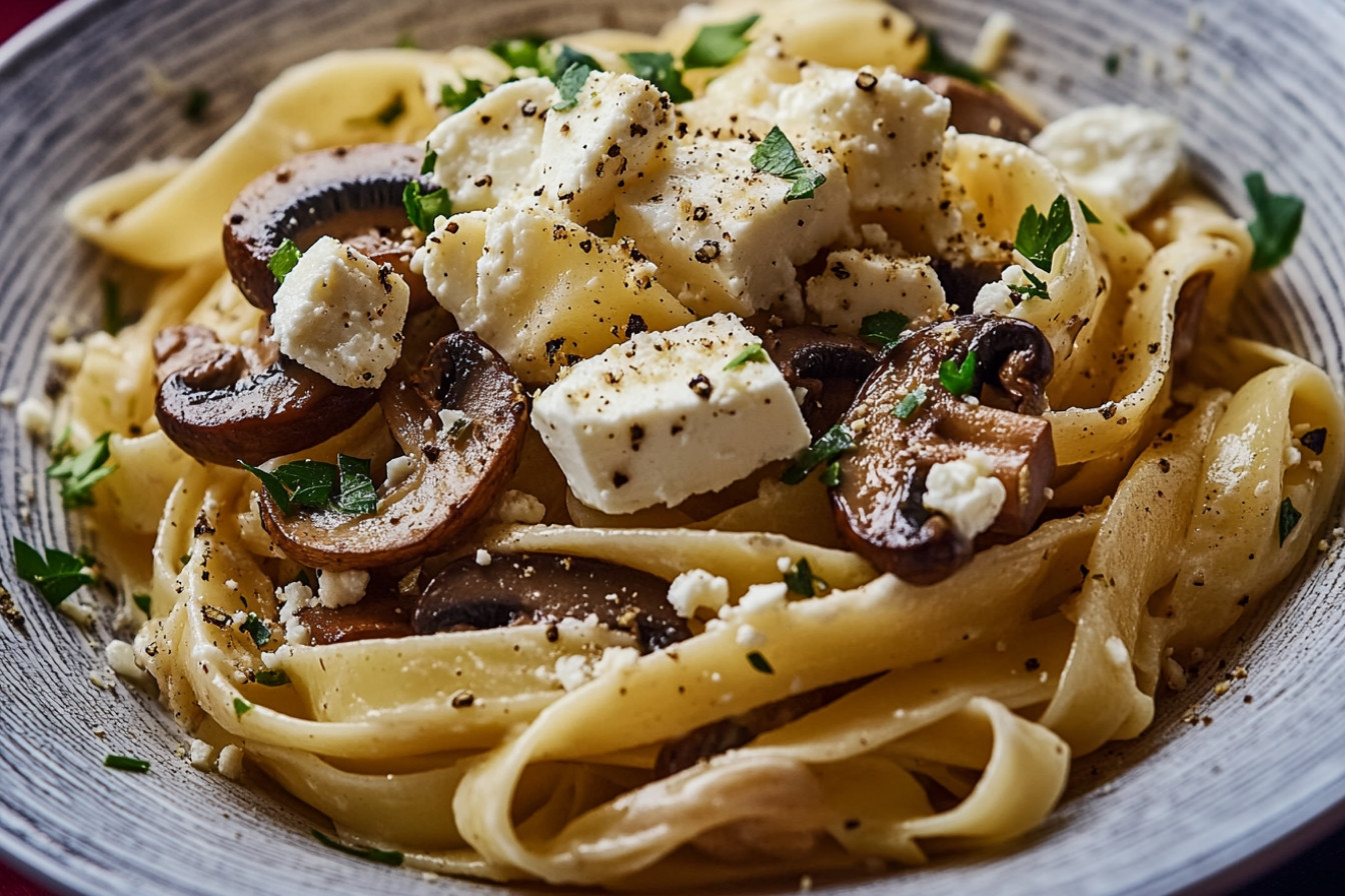 Tagliatelle con setas y feta