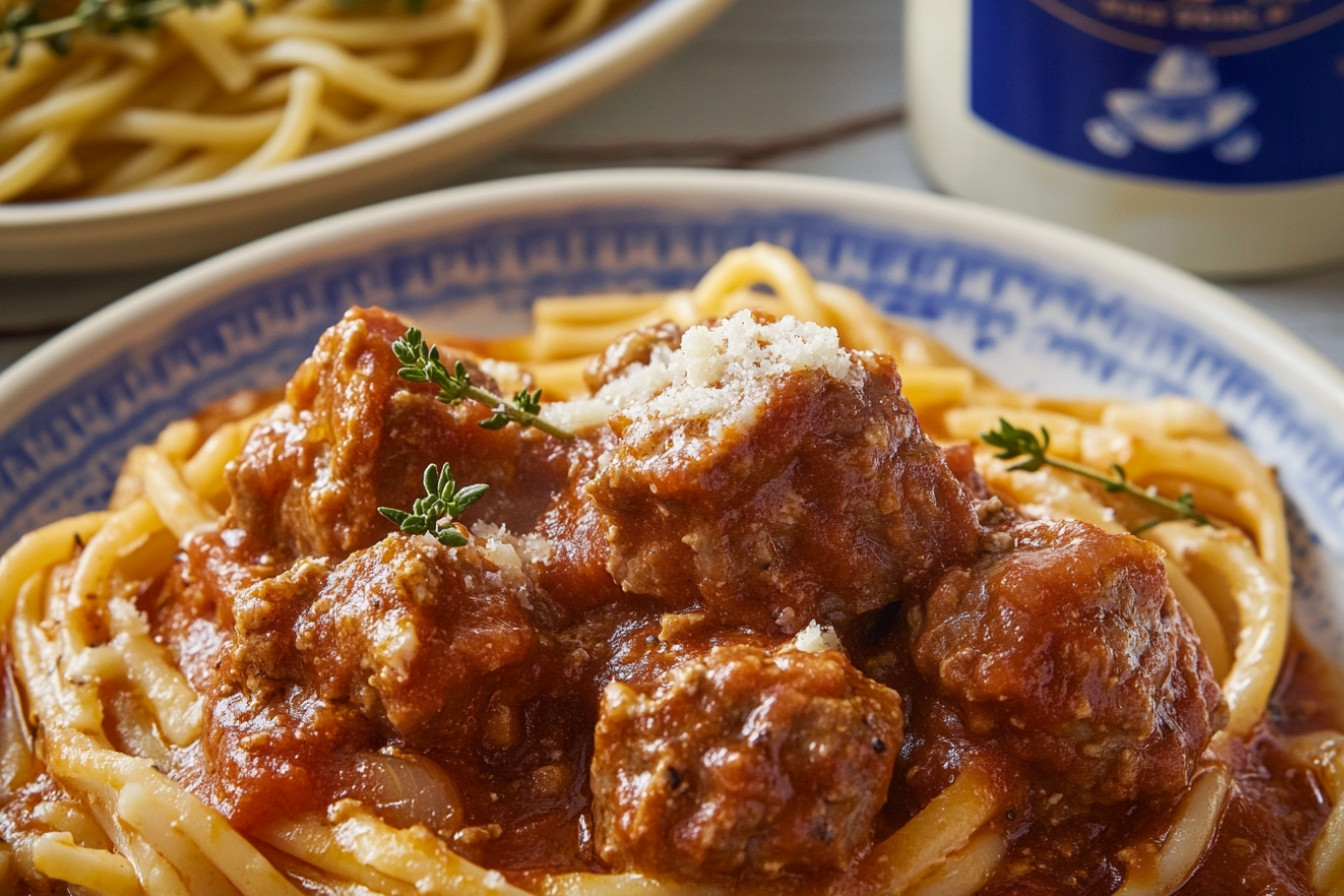 Ternera en salsa roja con pasta