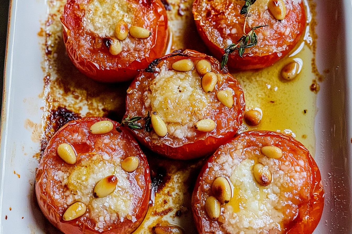 Tomates asados con miel y piñones