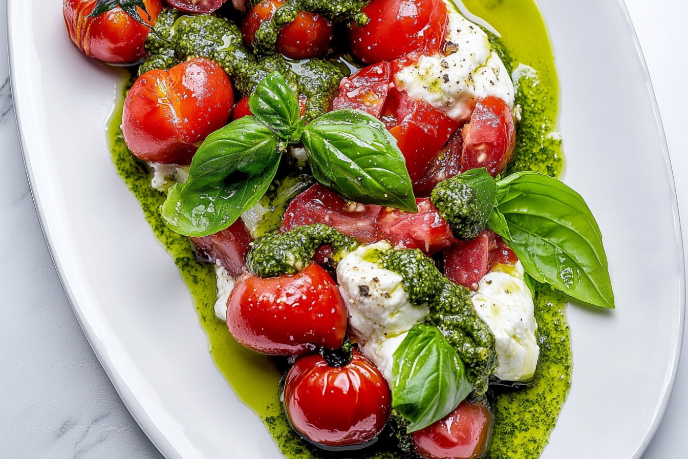 Tomates cereza con burrata y pesto