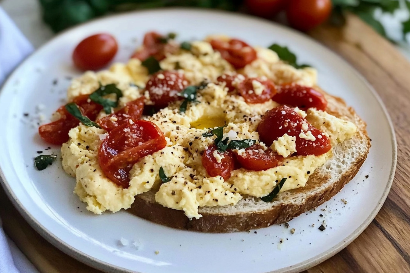 Huevos revueltos con tomate y queso
